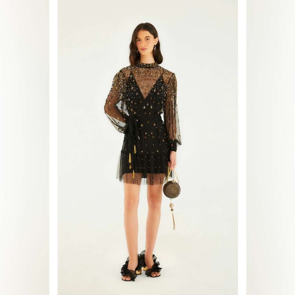 FARM RIO Black Embroidered Tulle Overlay Belted Long Sleeve Mini Dress,Small,398 - Picture 7 of 16